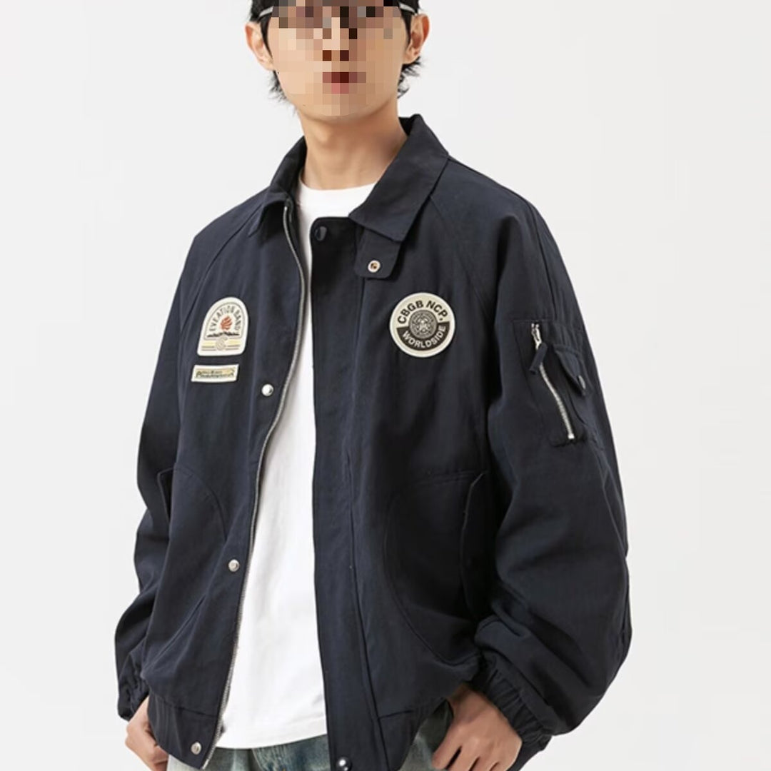 Herren Overshirt-Bomberjacke im Military-Look mit Emblem‑Patches, Ärmeltasche & geripptem Saum Drune