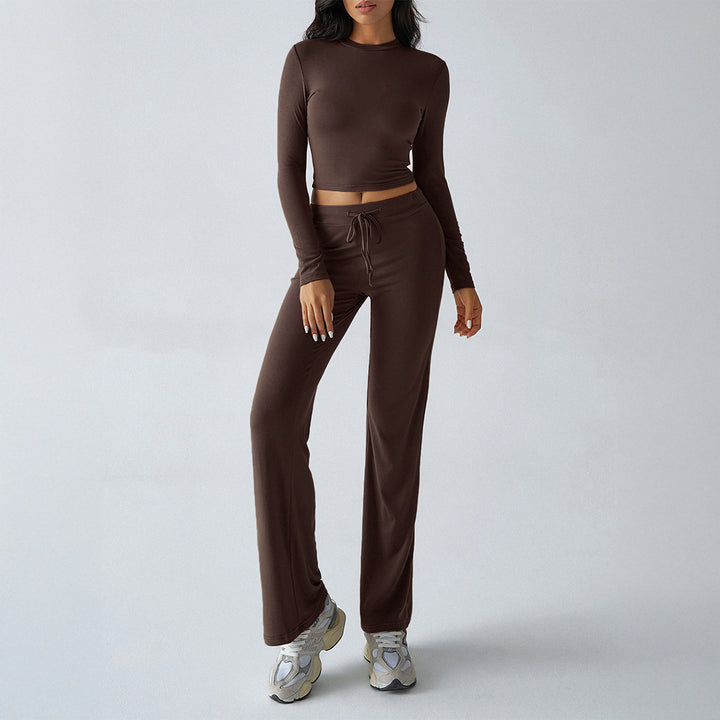 Damen nan tailliertes Longsleeve-Crop-Top und weite Lounge-Hose im Zweiteiler-Set aus Stretchjersey Drune