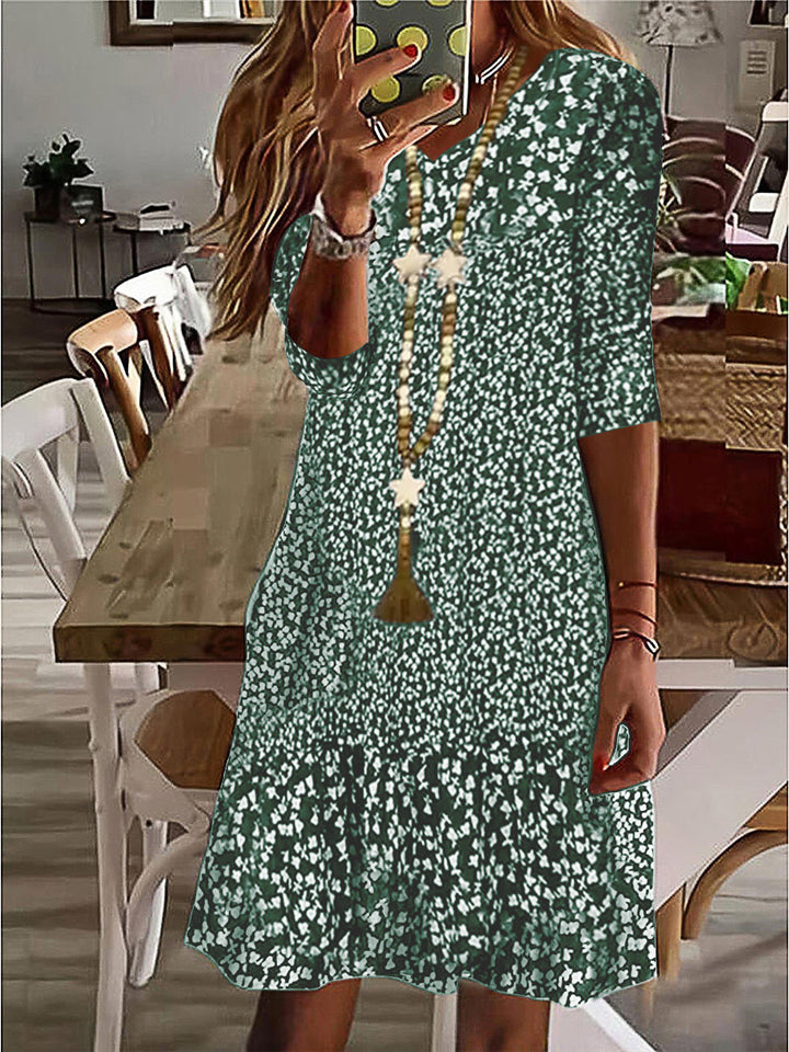 Damen Casual Midi Kleid mit Rüschensaum, Dreiviertelarm und Blumendruck Drune