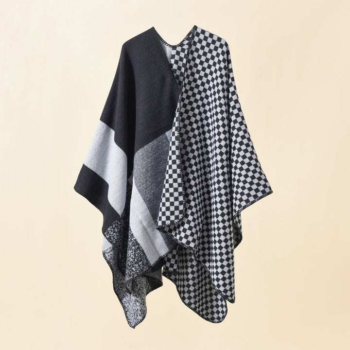 Damen Wendbarer Karomuster-Capeponcho aus Wollmix mit kastigem Oversize-Fall Drune