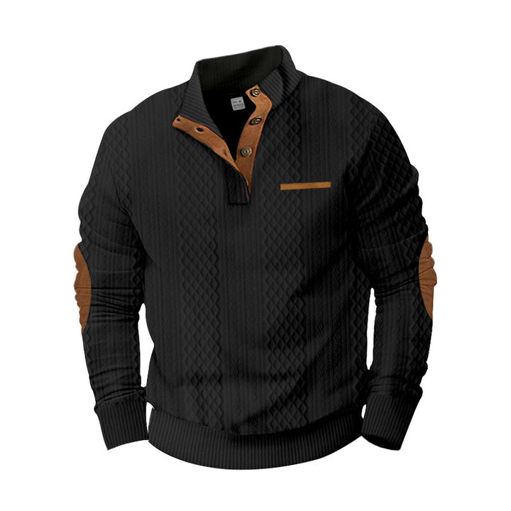 Herren Strukturiertes Kabelstrick-Sweatshirt mit Halbknopfblende, Kunstleder‑Patchtasche & Ellbogenpatches Drune