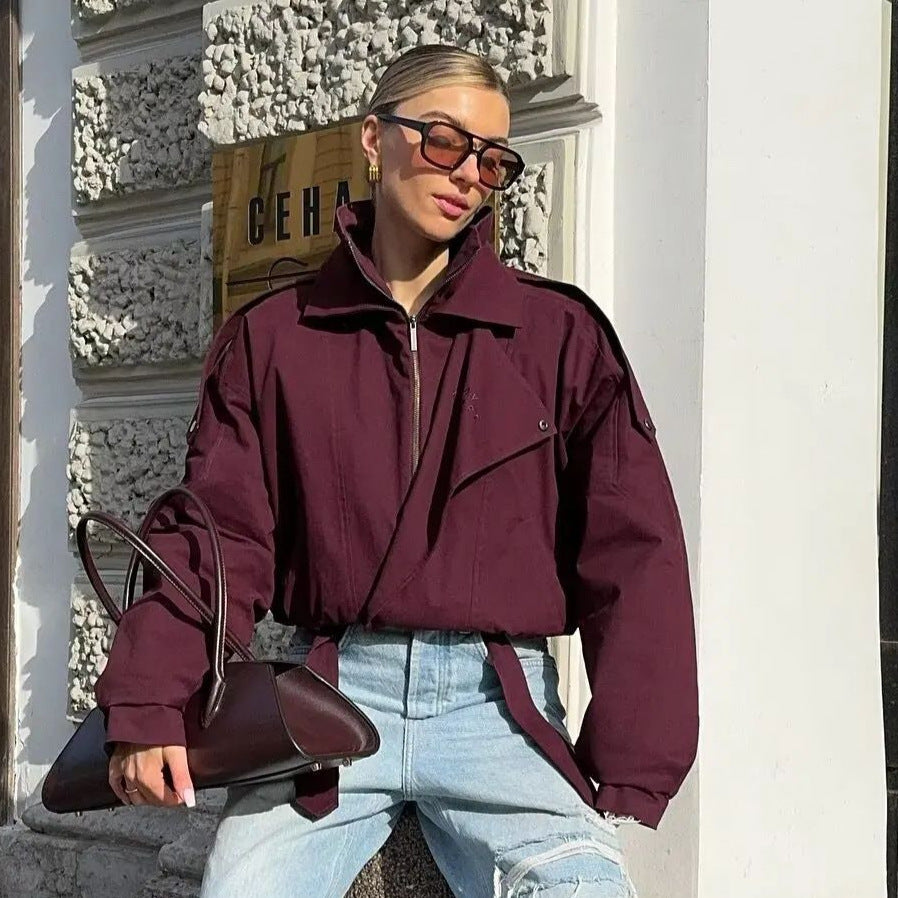 Damen sportliche Übergangsjacke mit modischem Kragen und elastischem Bund Drune