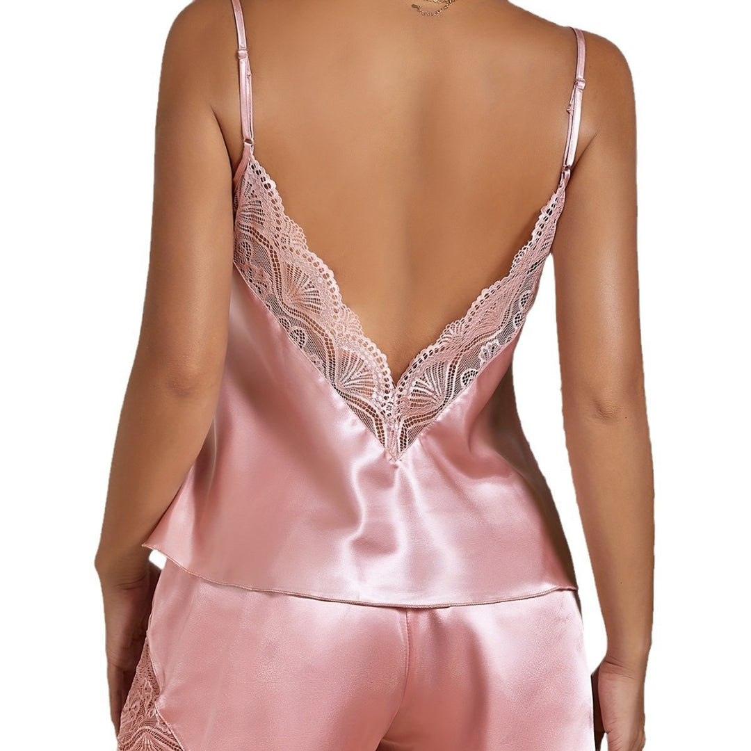 Damen luxuriöses Satin Schlafanzug-Set mit feinen Spitzenakzenten Drune