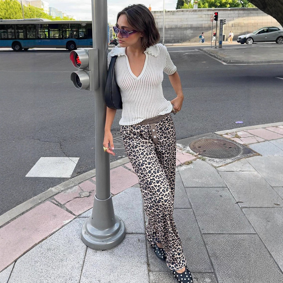 Damen lässige Palazzo-Hose mit Leopardenmuster und elastischem Bund Drune