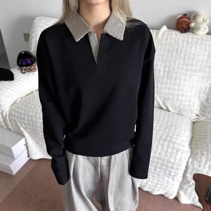 Damen Langärmeliges Polo-Shirt mit kontrastierendem Hahnentrittmuster Kragen Drune