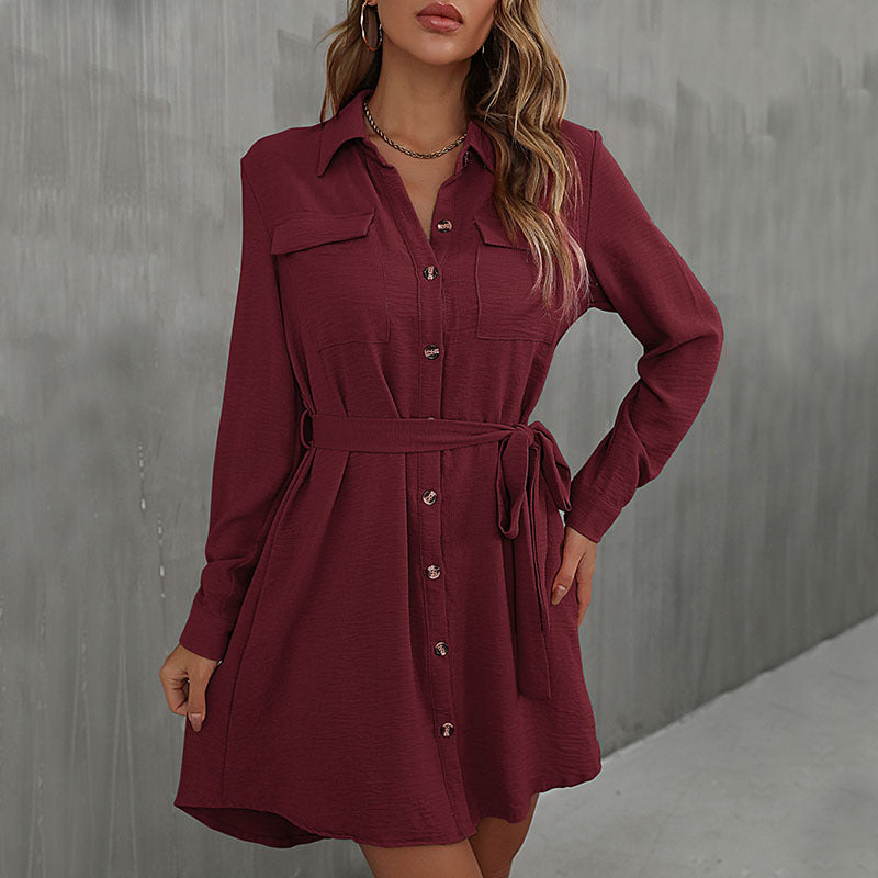 Damen Lockeres Hemdblusen-Minikleid mit Taillengürtel und aufgesetzten Brusttaschen Drune