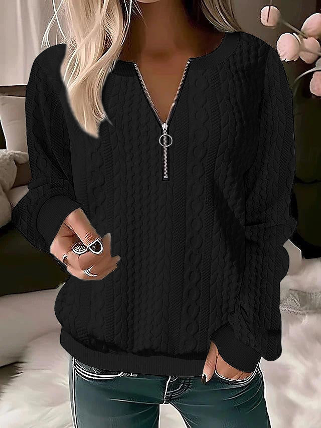 Damen Strickpullover mit Zopfmuster und halbem Reißverschluss Drune