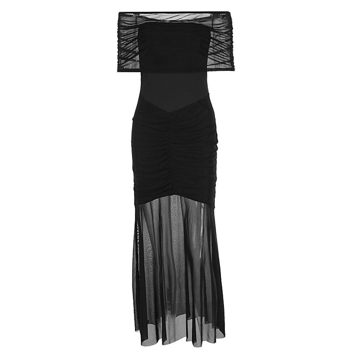 Damen Elegantes Maxi-Kleid mit schulterfreiem Design und Raffungen Drune