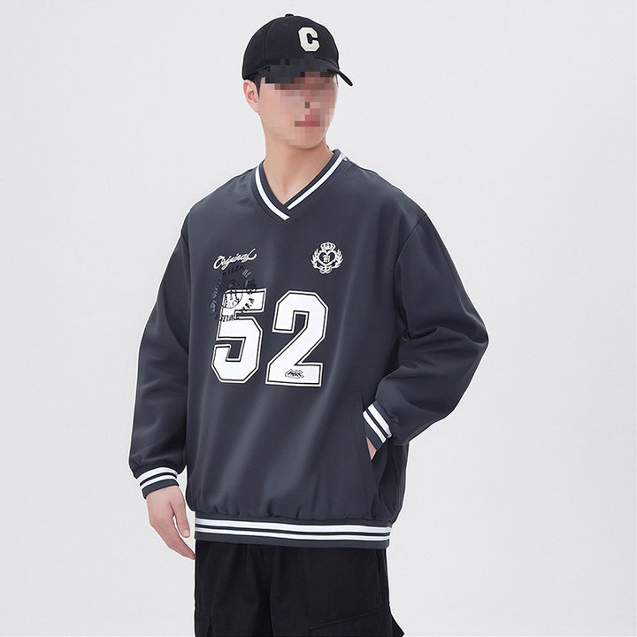 Herren Oversize V‑Ausschnitt Sportsweatshirt im College‑Look mit gestreiften Bündchen Drune
