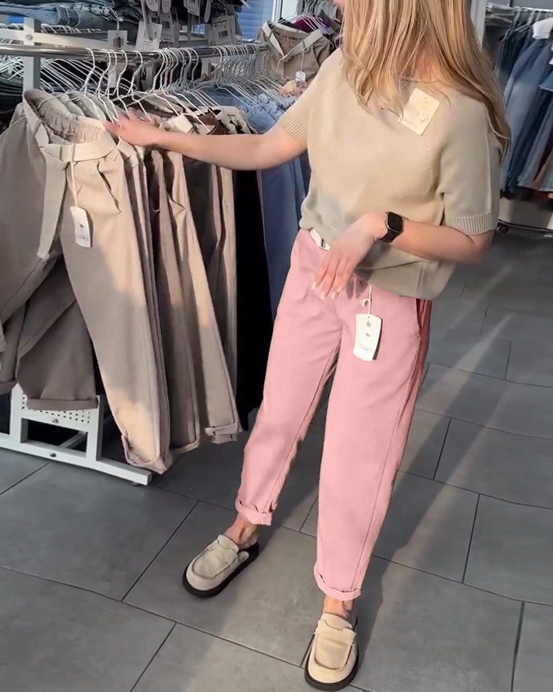 Damen nan lässige Baumwoll-Chino mit elastischem Komfortbund, Umschlag und Ziergürtel Drune