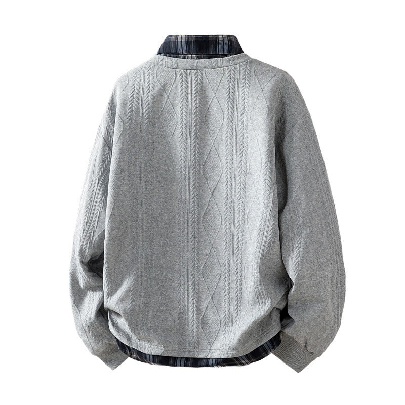 Herren strukturierter V-Ausschnitt-Layerpullover mit integriertem Karohals-Einsatz Drune