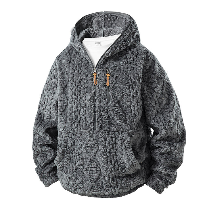 Herren Teddy-Fleece Halfzip-Kapuzenpullover mit Strukturstrick‑Optik, Brustreißverschluss und Kängurutasche Drune