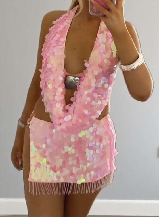 Damen Glamouröses Strandkleid mit Pailletten und Fransen Drune