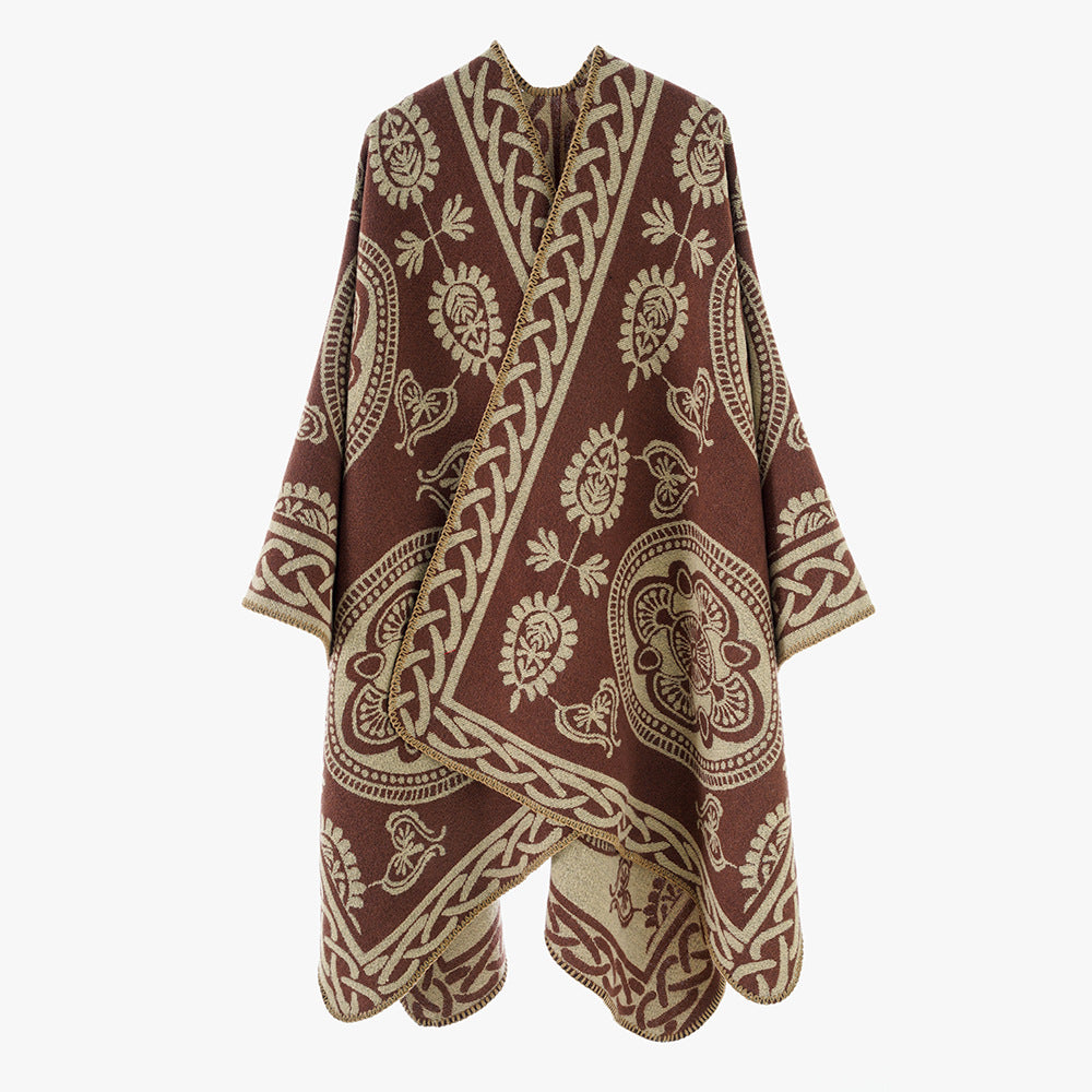 Damen Oversize-Cape mit ornamentalem Jacquard und asymmetrischem Zipfelsaum Drune