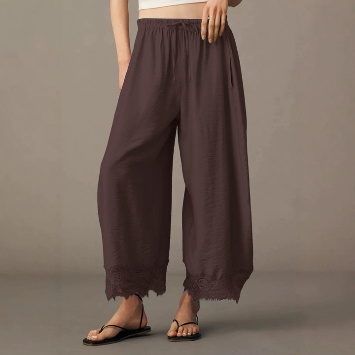 Damen Weite Palazzo-Hose mit elastischem Tunnelzugbund und Spitzenbesatz Drune