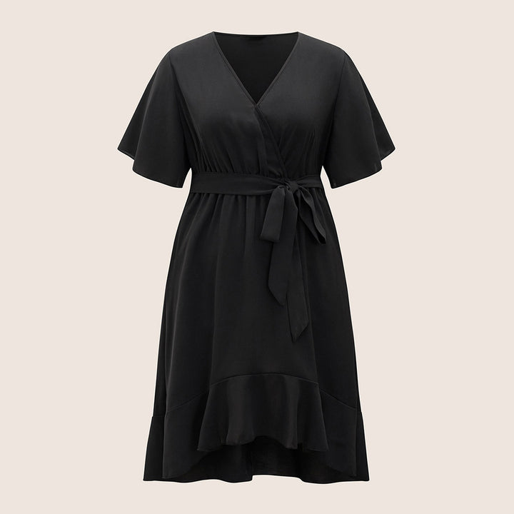 Damen Elegantes Wickelkleid mit asymmetrischem Saum und taillierendem Gürtel Drune