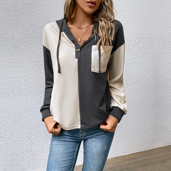 Damen Lässiges Colorblock-Hoodie-Henley mit Waffelstruktur und Brusttasche Drune