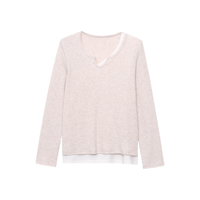 Damen Langarmshirt mit kreativem V-Ausschnitt und feiner Struktur Drune