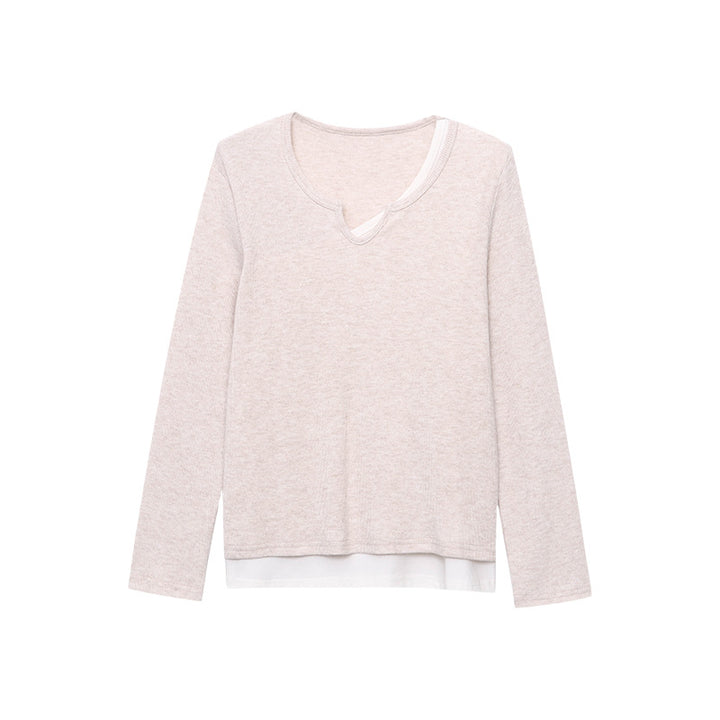 Damen Langarmshirt mit kreativem V-Ausschnitt und feiner Struktur Drune