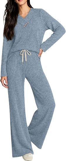 Damen Weiches Rippstrick-Lounge-Set mit V-Ausschnitt und Kordelbund Drune
