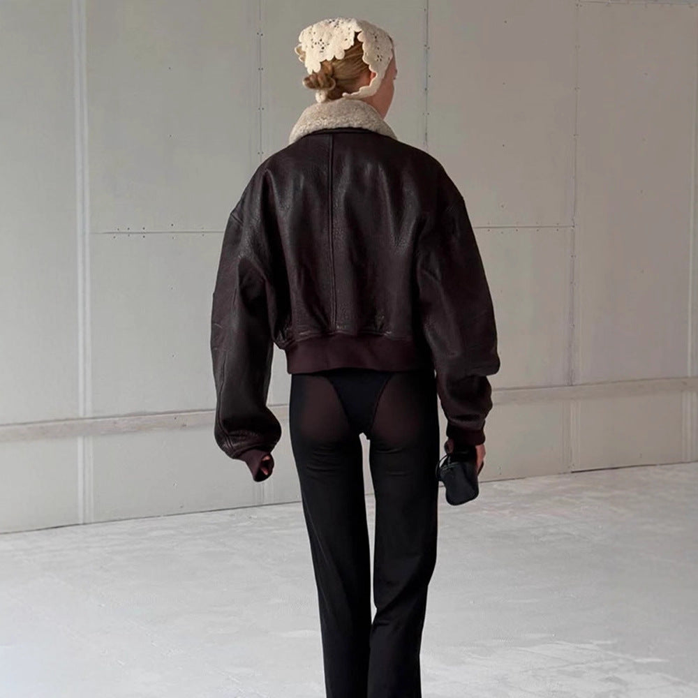 Damen Oversized Fliegerjacke im Biker-Bomber-Stil mit Teddykragen Drune