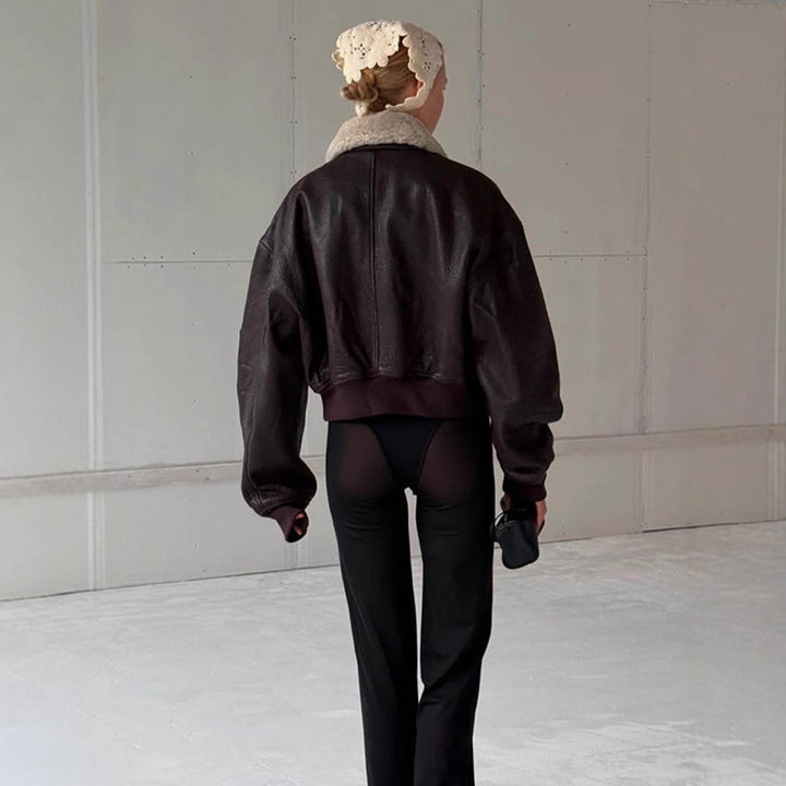 Damen Oversized Fliegerjacke im Biker-Bomber-Stil mit Teddykragen Drune