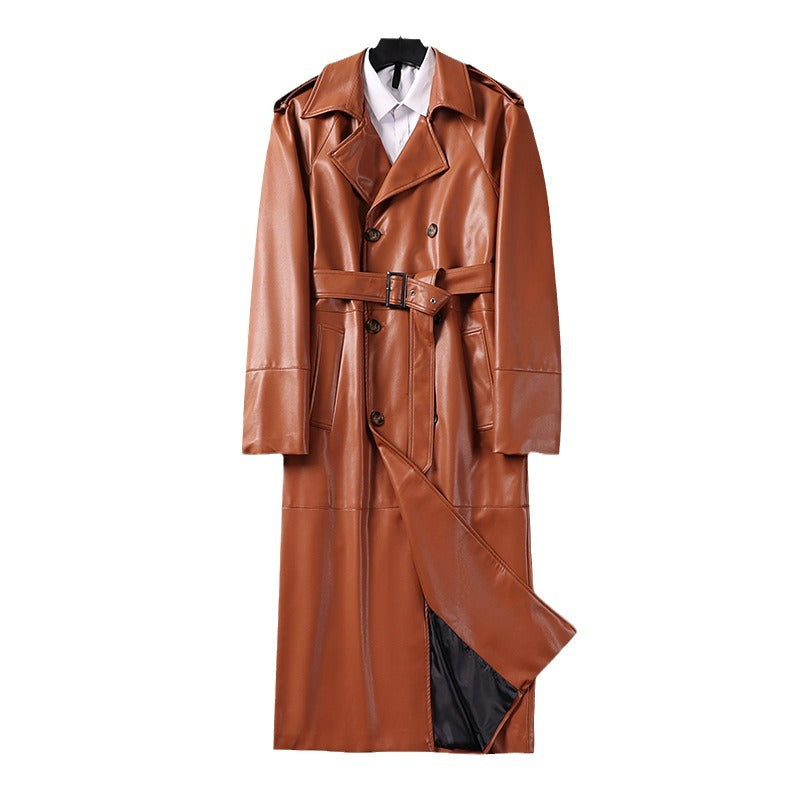 Herren Langer Kunstleder-Trenchcoat mit Doppelreiher, Taillengürtel und Schulterklappen Drune