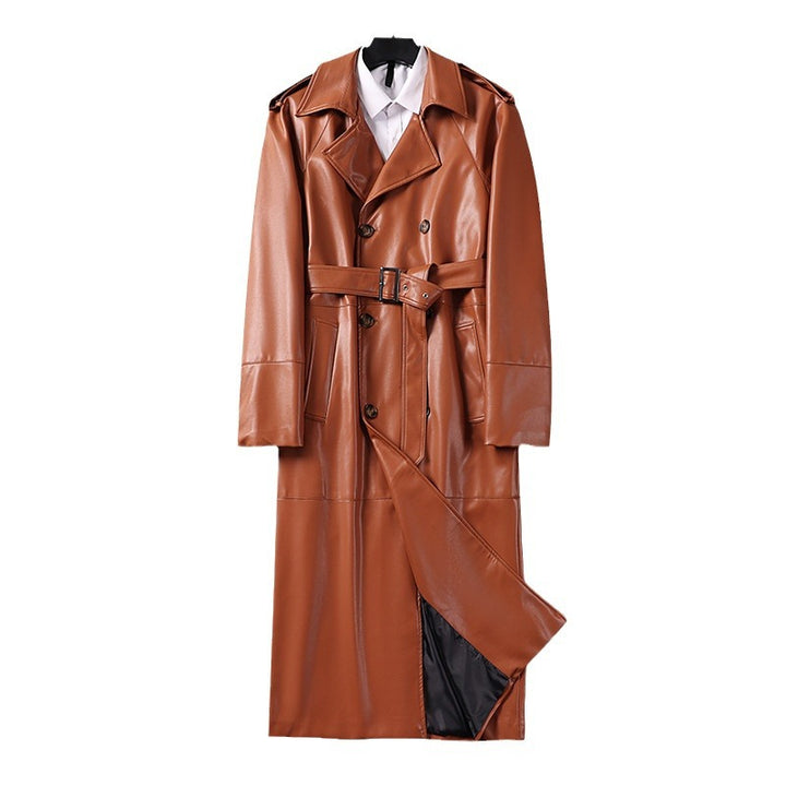 Herren Langer Kunstleder-Trenchcoat mit Doppelreiher, Taillengürtel und Schulterklappen Drune