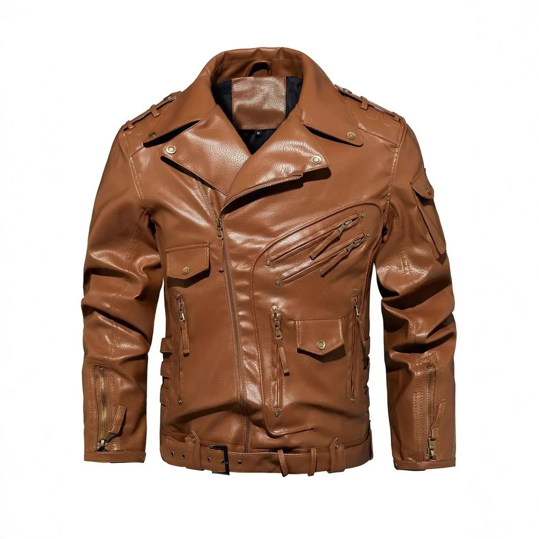 Herren Stylische Bikerjacke mit Mehreren Reißverschlusstaschen und Gürteldetail Drune