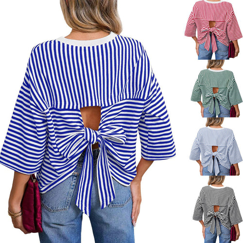 Damen Gestreiftes Oversize-Shirt mit Rückenausschnitt und Schleifenbindung Drune