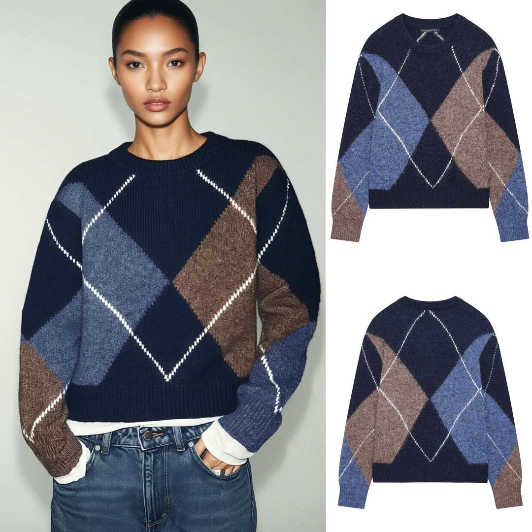 Damen Grobstrickpullover mit modernem Rautenmuster Drune