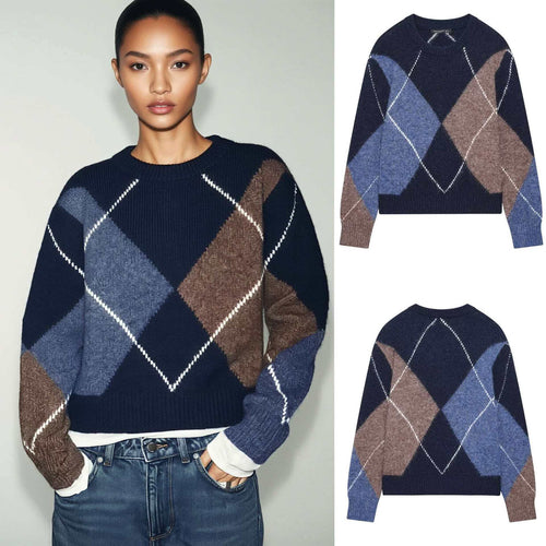 Damen Grobstrickpullover mit modernem Rautenmuster Drune