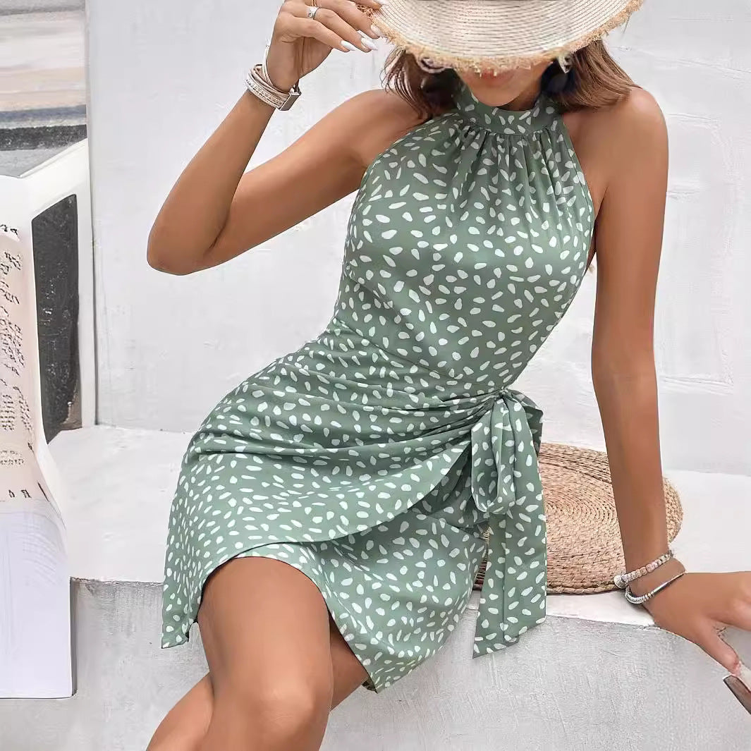 Damen Neckholder-Wickelkleid aus leichtem Satin mit Bindegürtel Drune