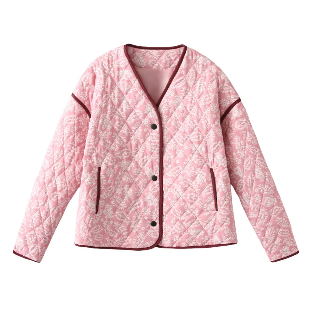 Damen Steppjacke mit Paisley‑Muster, V‑Ausschnitt und kontrastierender Paspelierung Drune