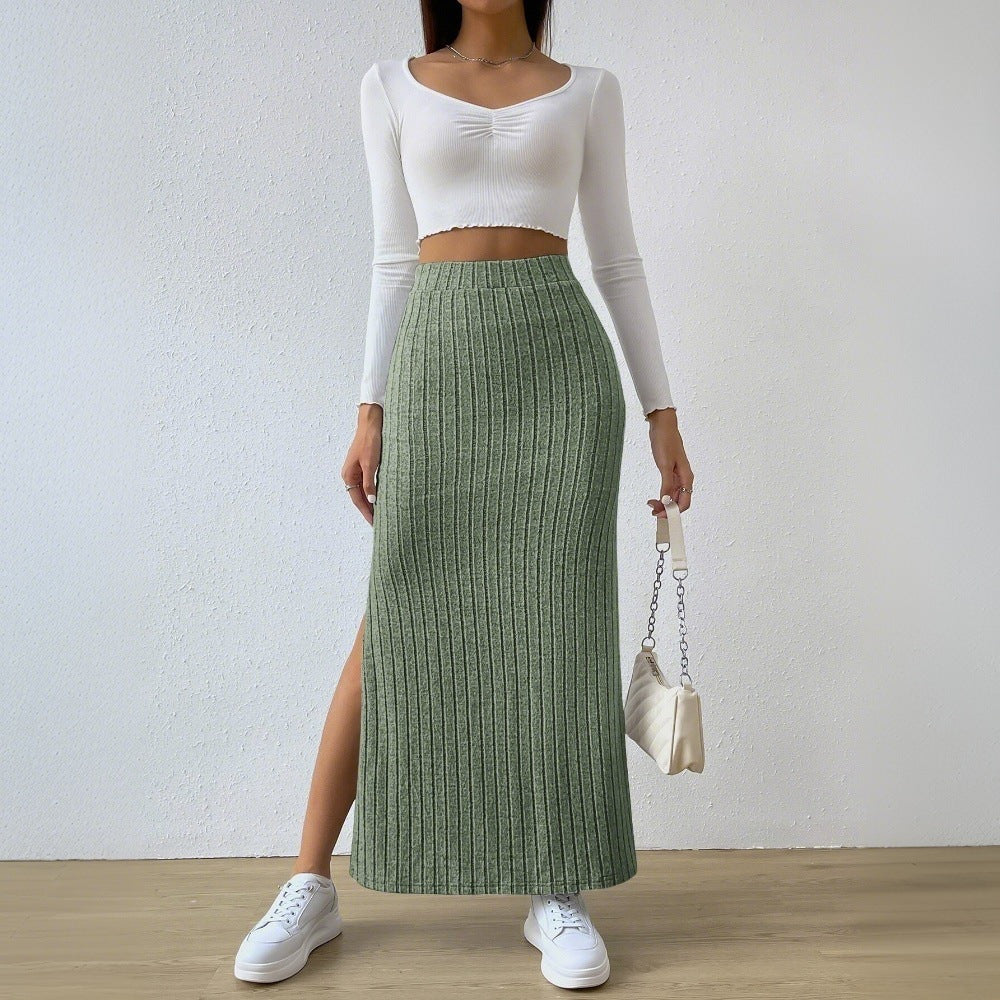 Damen gerippter Midirock mit hohem Bund und figurumspielender A-Linie Drune