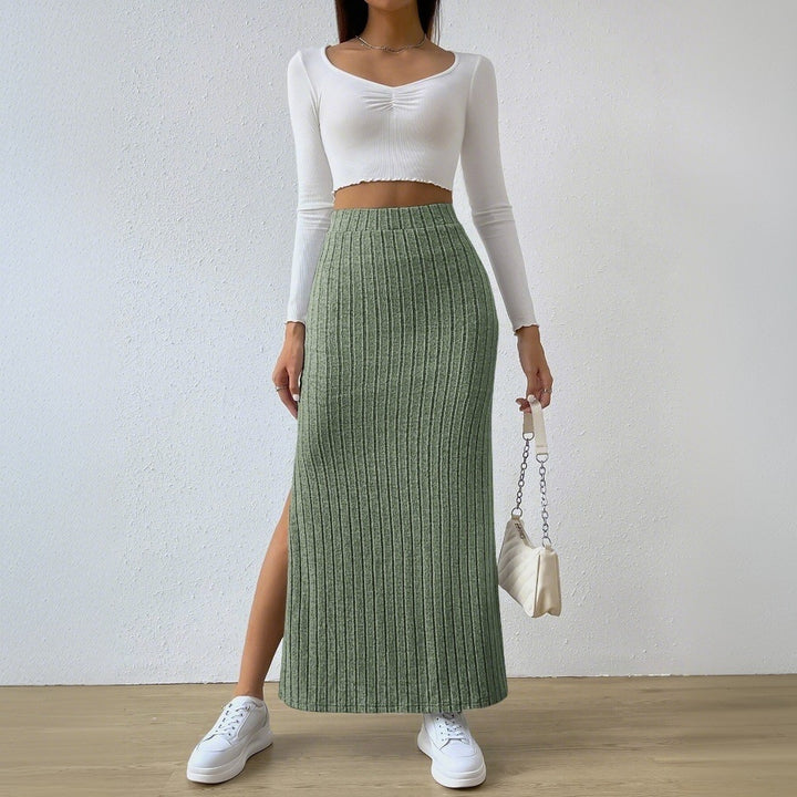 Damen gerippter Midirock mit hohem Bund und figurumspielender A-Linie Drune