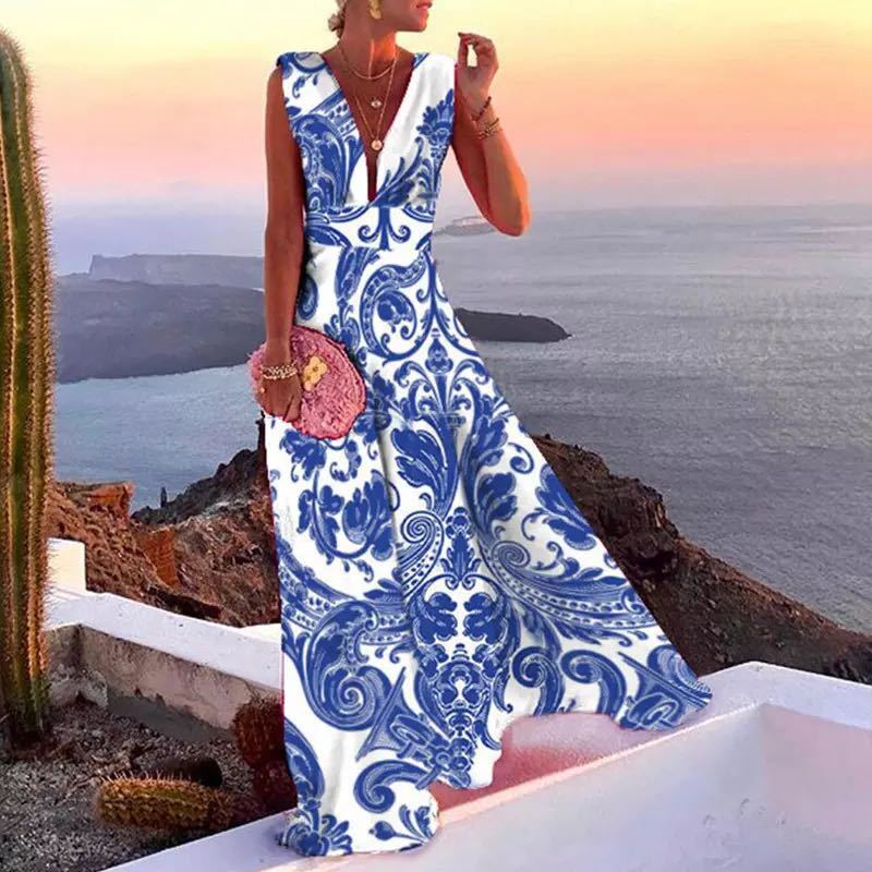Damen Maxikleid mit elegantem V-Ausschnitt und floralen Mustern Drune