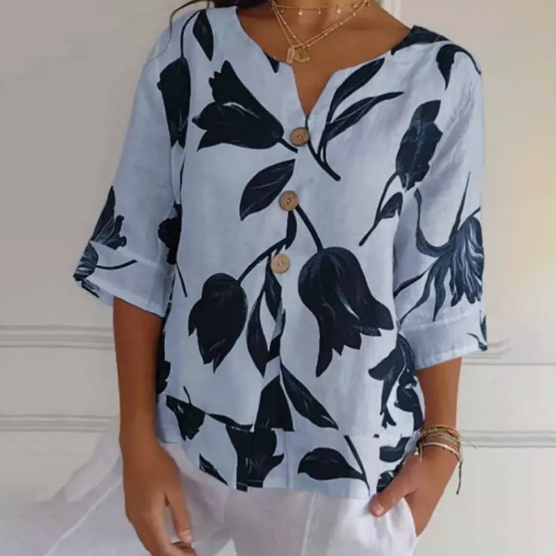 Frauen Locker V-Ausschnitt Bluse Top mit großem floralem Tulpenmuster und Knopfleiste Drune