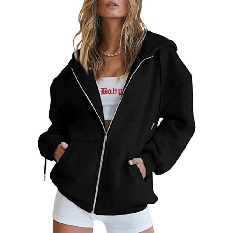 Damen nan oversized Kapuzenjacke mit durchgehendem Reißverschluss Kängurutaschen und weichem Sweatmaterial Drune