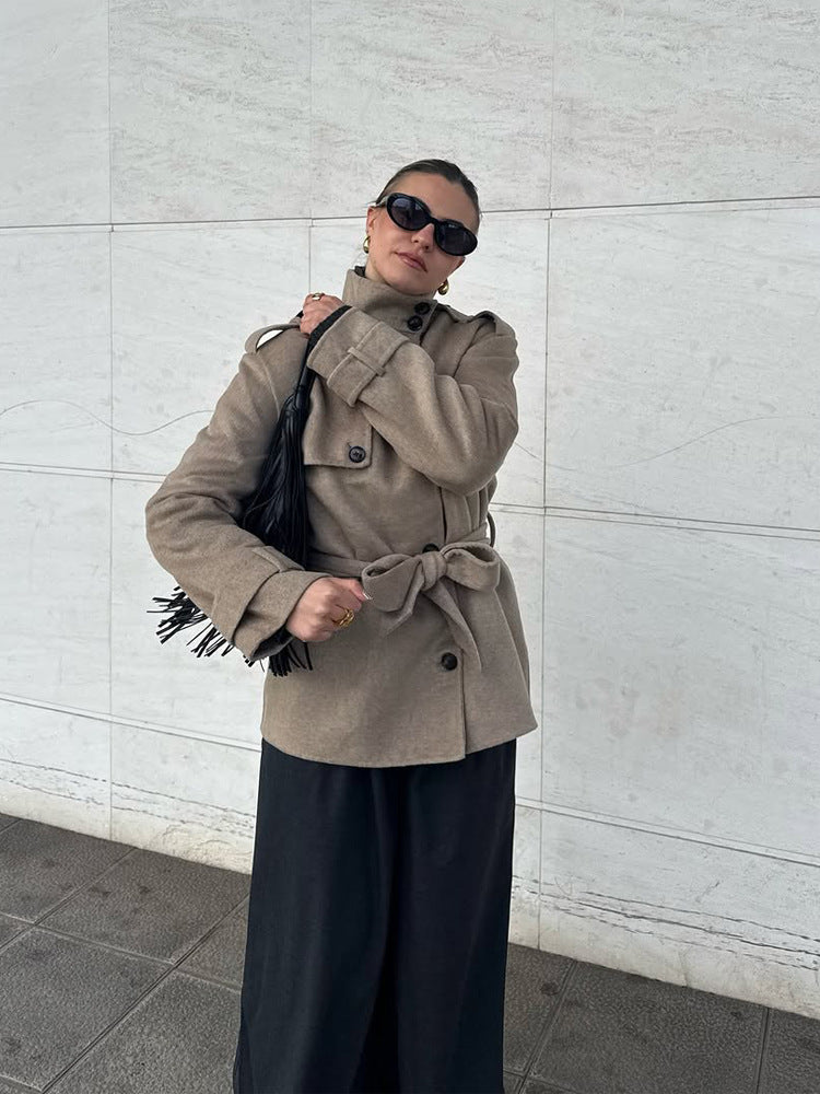 Damen Kurz-Mantel im Trench-Stil mit Bindegürtel und Stehkragen Drune