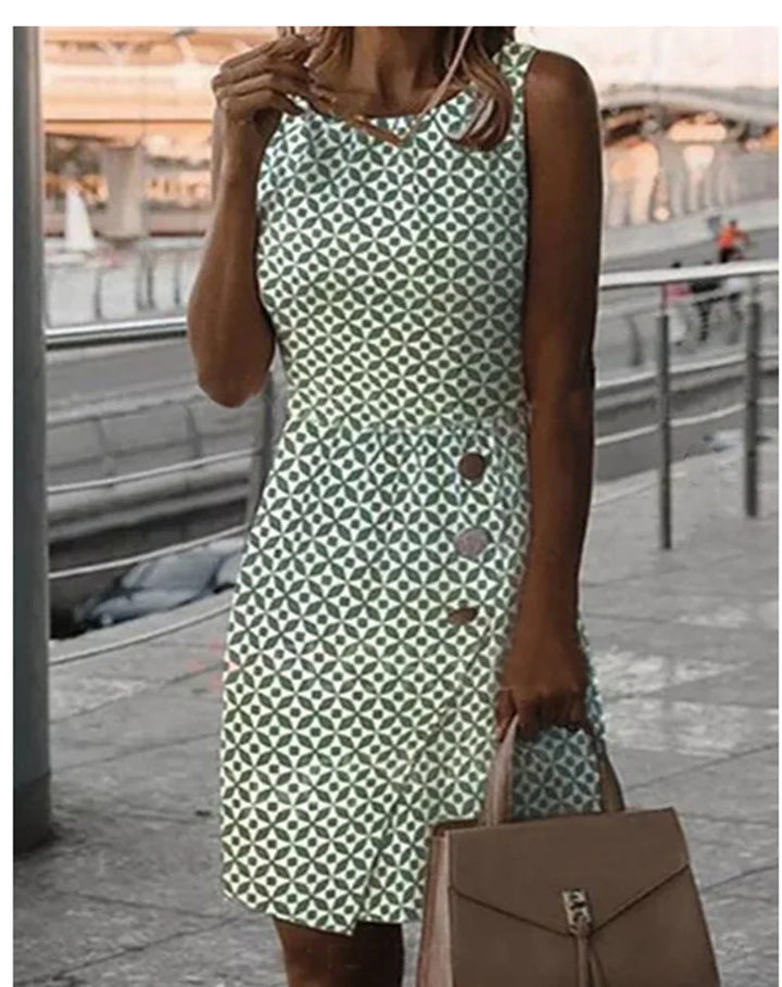 Drune | Ärmelloses bedrucktes grünes Knopf-Casual-Kleid