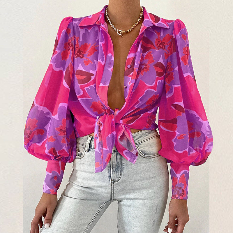 Damen Bluse mit raffiniertem Krawattenverschluss und Puffärmeln Drune