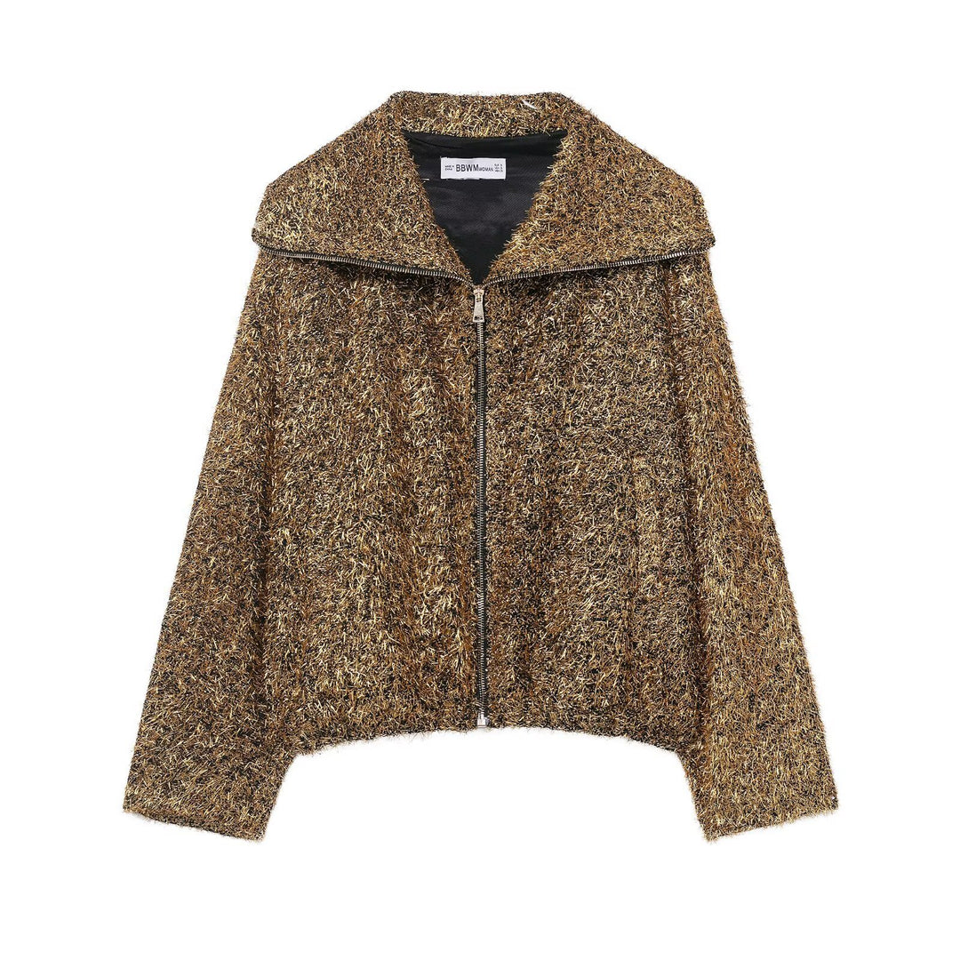 Damen Glitzernde Bouclé-Zipjacke mit weitem Kragen und cropped Boxy‑Schnitt Drune
