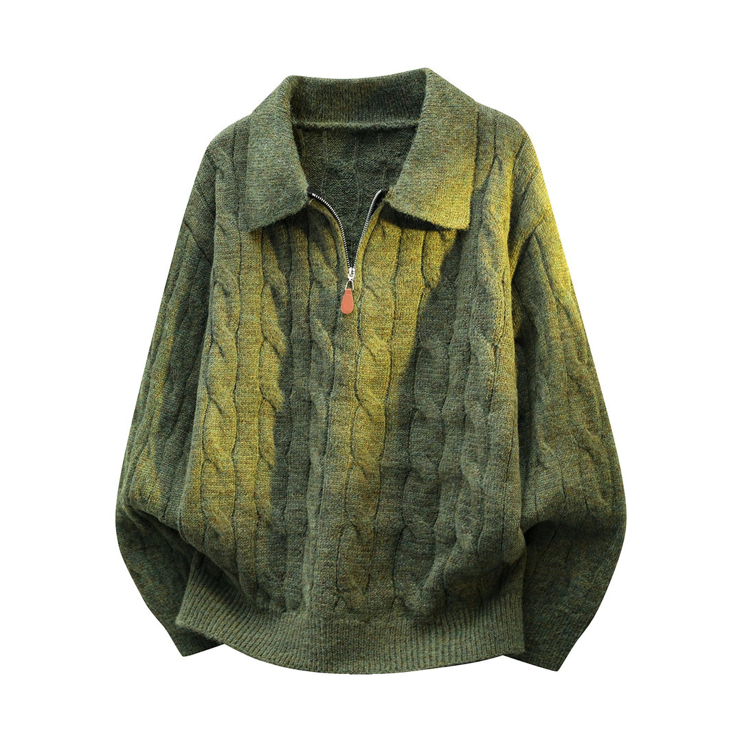 Unisex Oversize-Zopfmuster-Pullover mit Halbreißverschluss und Hemdkragen Drune