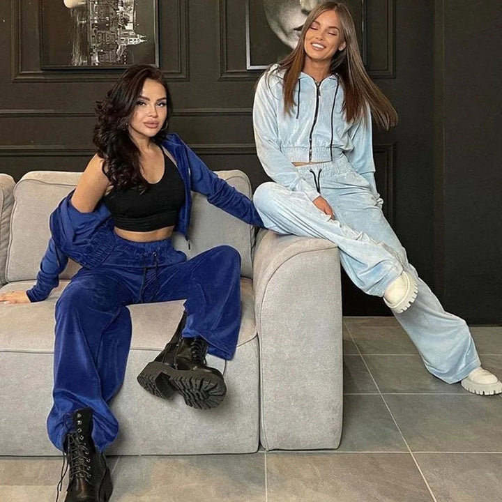 Damen luxuriöses Velours Lounge-Set mit kurzem Reißverschlussjacke und hochtaillierter Gummibund-Jogger Drune