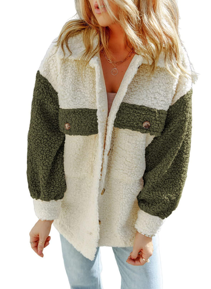 Damen nan oversized Teddy-Hemdjacke mit Kontraststreifen, aufgesetzten Brusttaschen und sichtbarer Knopfleiste Drune