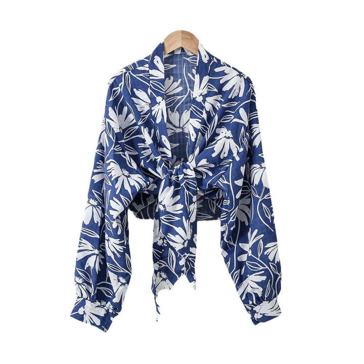 Damen nan florale Knoten-Bluse im Wickelstil mit Ballonärmeln und leichter Leinenoptik Drune