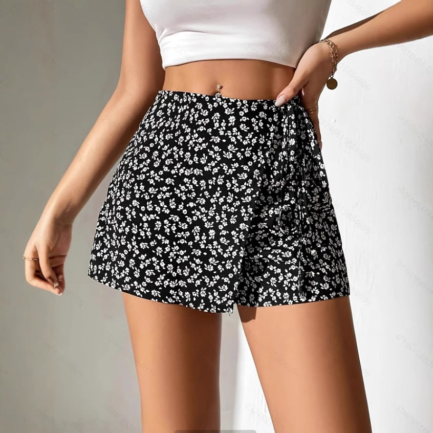 Damen Modische Shorts mit Blumendruck und elastischem Bund Drune