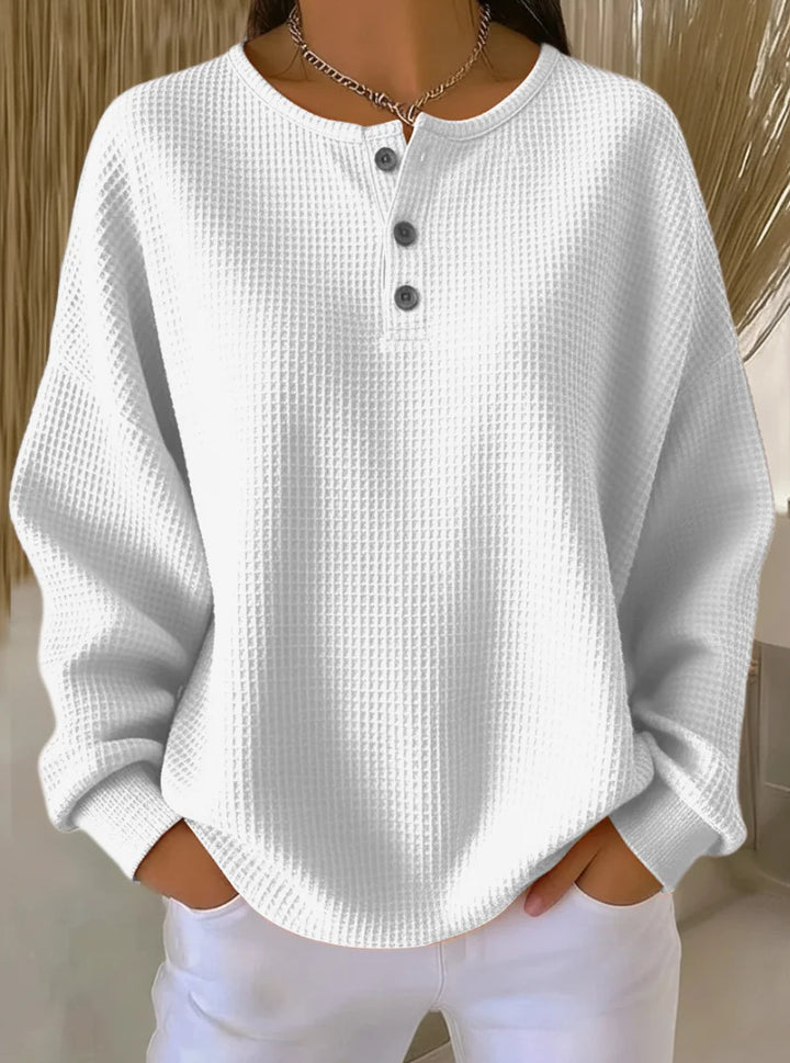 Damen Oversize Waffelstrick-Henleyshirt mit Knopfleiste und Rundhalsausschnitt Drune