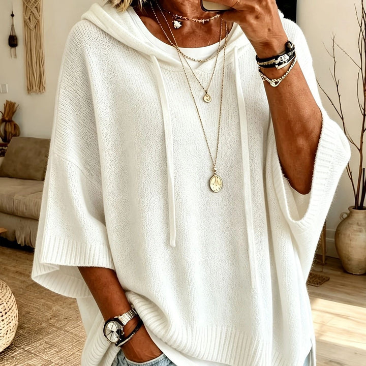 Damen Oversize Kapuzen‑Strickponcho mit halblangen Ärmeln und Blockstreifen Drune